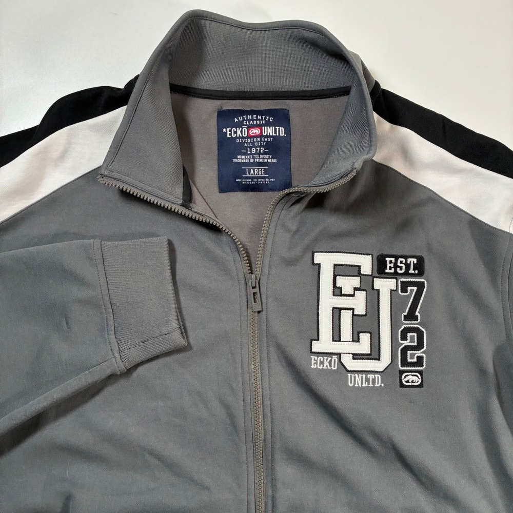 Y2K Ecko Unltd Track Jacket‎ Large Gray Full Zip Varsity Logo 72 90s Vintage